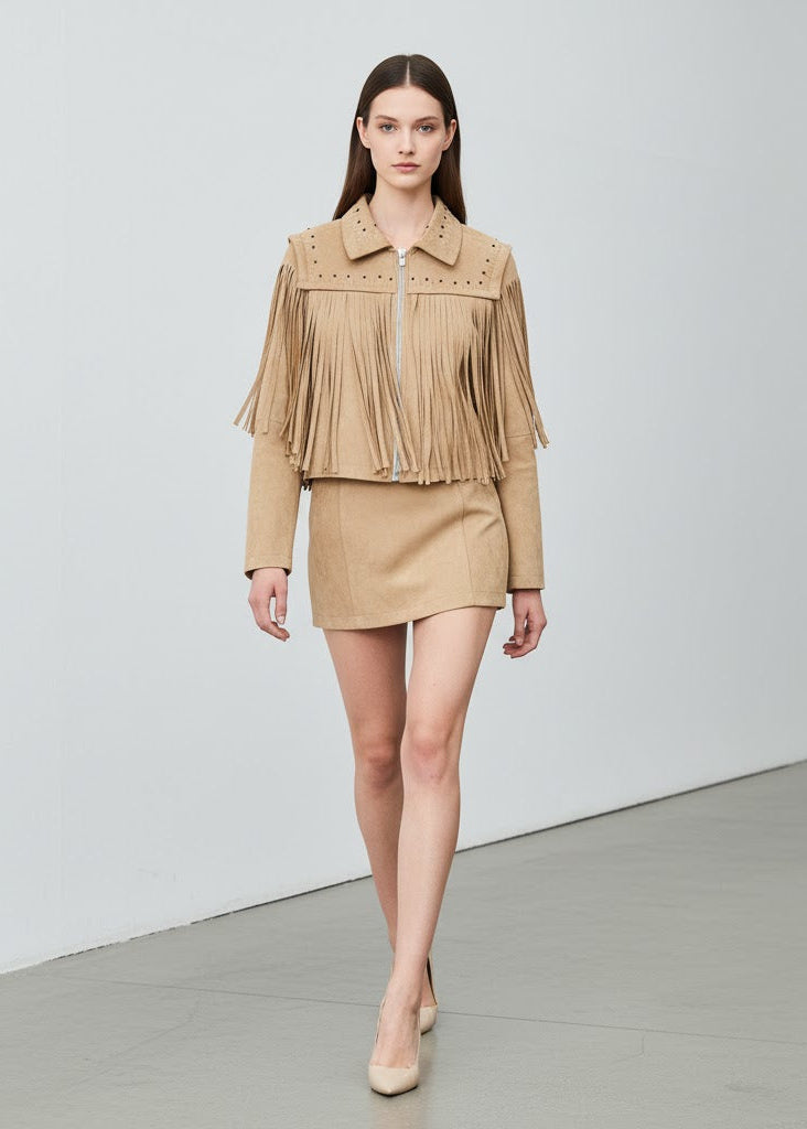 Beige mockajacka i cowboystil med långa fransar och nitar