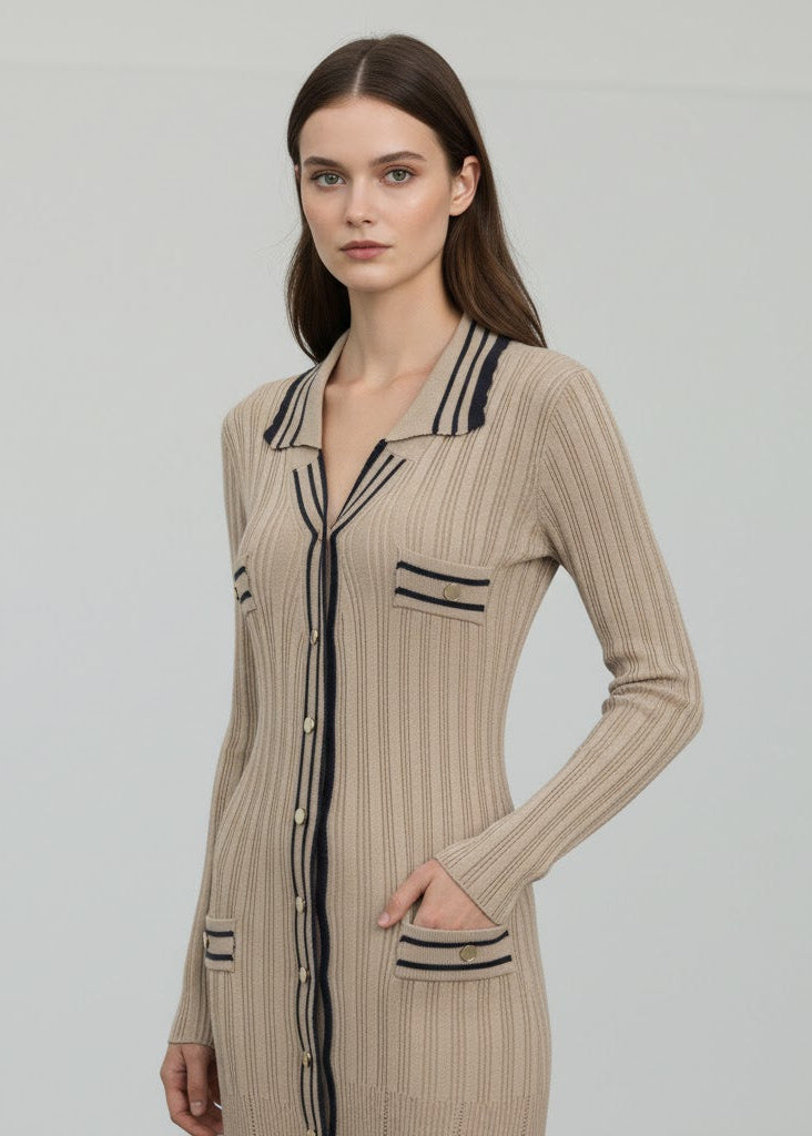 Stickad maxiklänning med knappdetaljer och kontrastkanter