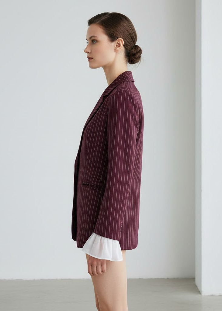 Vinröd randig kavaj med dekorativa volangärmar i kontrasttyg