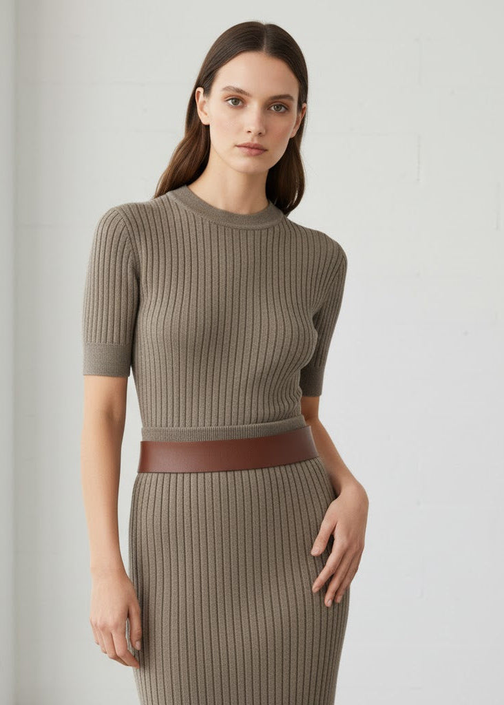 Ribbstickad midikjol med avtagbart bälte och figurnära passform