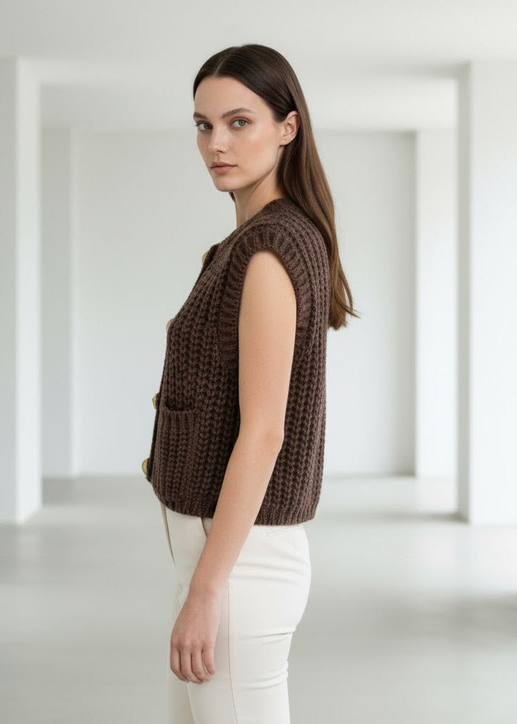 Tjockstickad ärmlös kofta med guldfärgade knappar