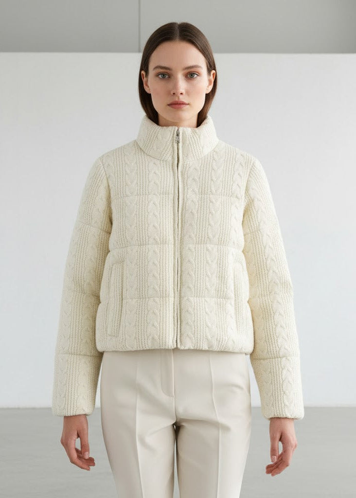 Vit vadderad jacka med stickad look och hög krage